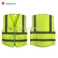 China Class 2 High Visibility Yellow Zipper Front Safety Vest Work Waistcoat With Reflective Strips And 9 Pockets ANSI/ISEA